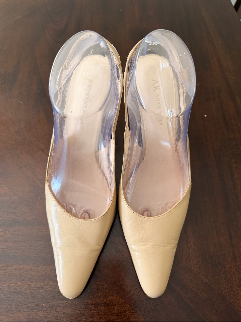 Vintage AK Anne Klein Womens 7.5M Beige Leather Slingback Pumps Square Toe Y2K